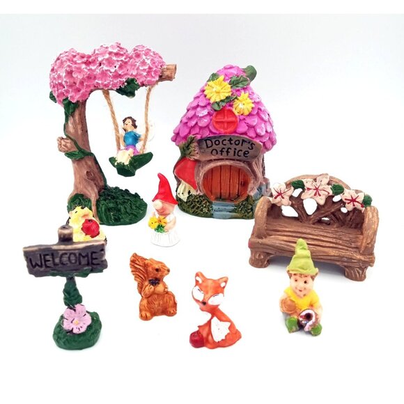 Fairy Garden Gnome 9 Piece Doctors Office Swing & Cute Animal Figures Bench - Picture 1 of 14